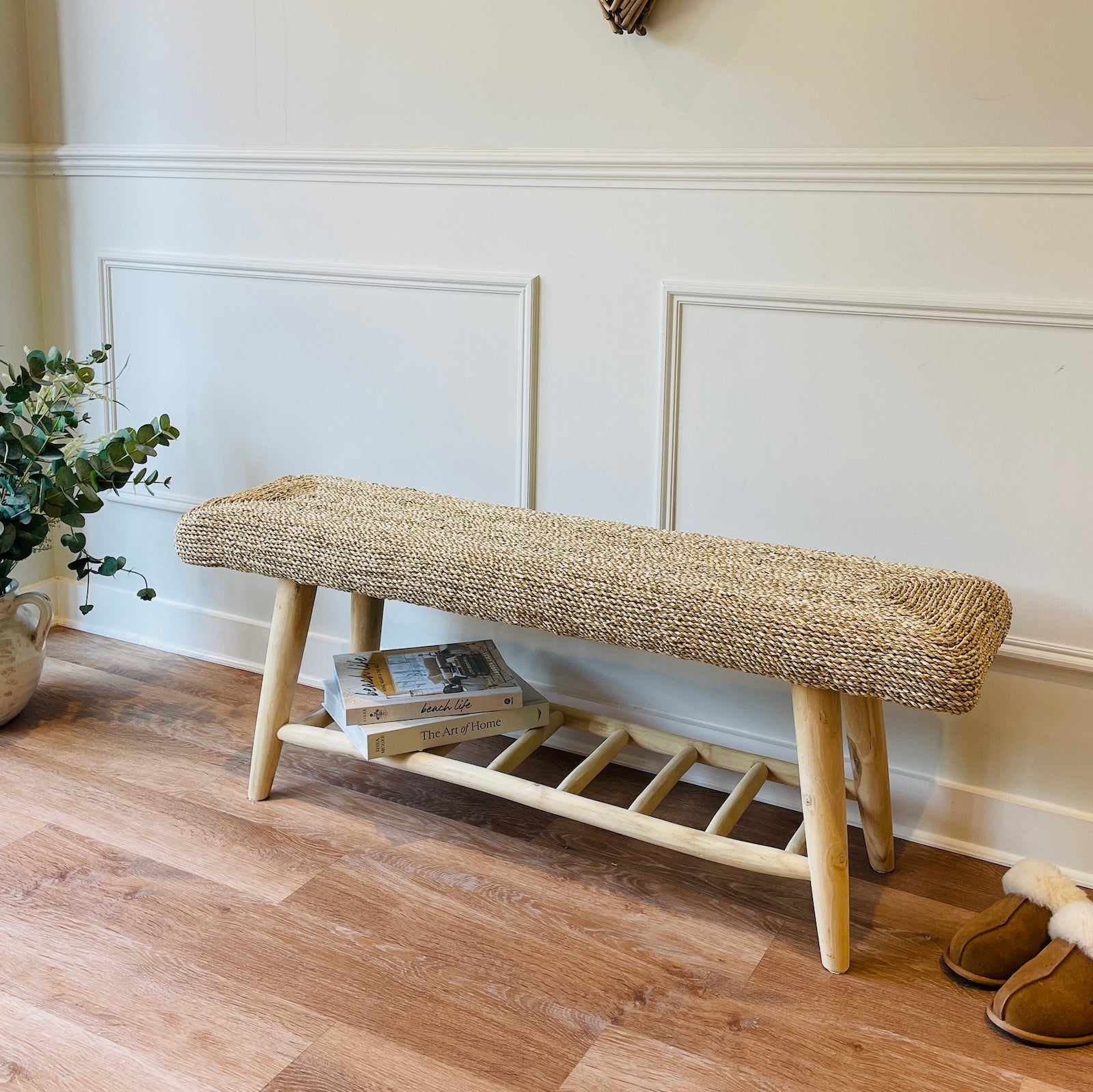 rattan hallway bench with shelf on wooden floor