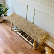 Rattan hallway bench with shelf with wooden floor