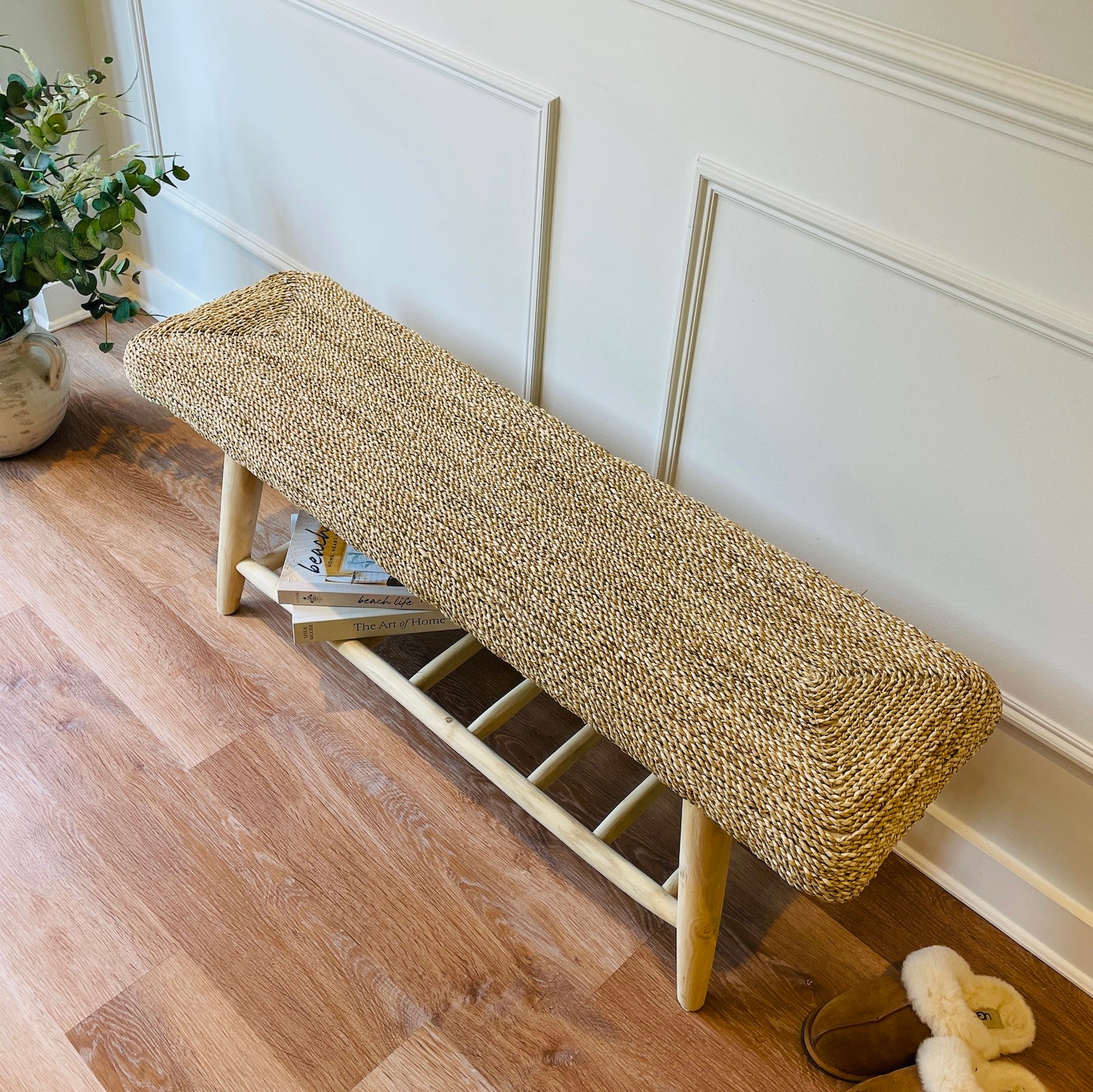 Rattan hallway bench with shelf with wooden floor
