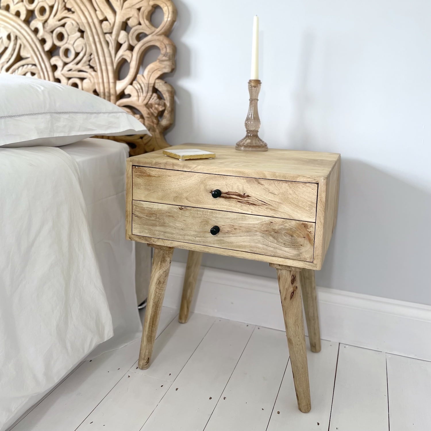 Bedside Table Natural Wood - Two Drawer