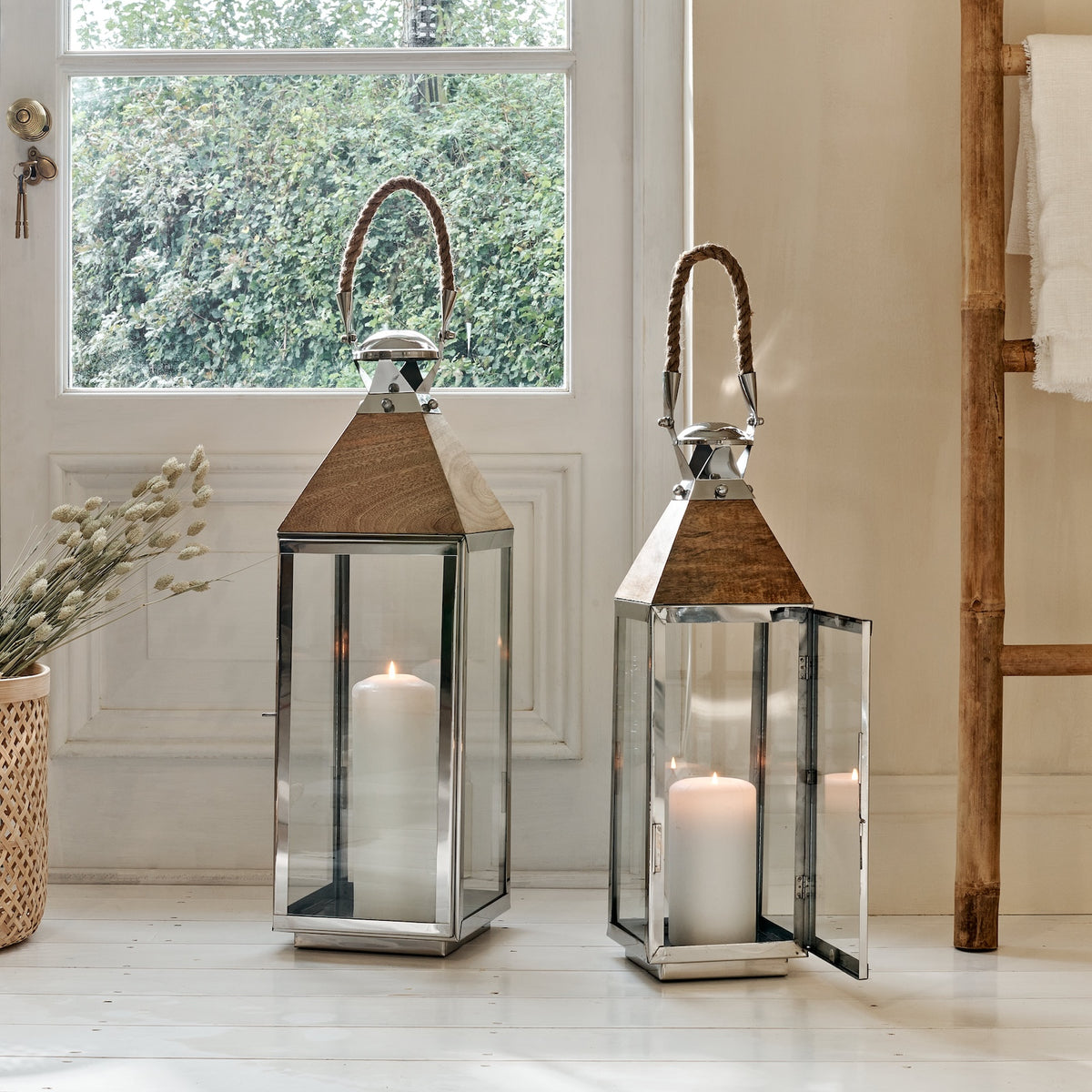 Silver and Wood Lantern Tall - TOPSHAM