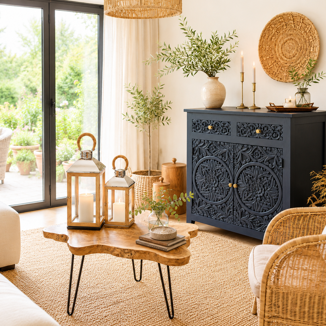 Boho living room with decorative furniture, navy sideboard, plants, and lanterns.