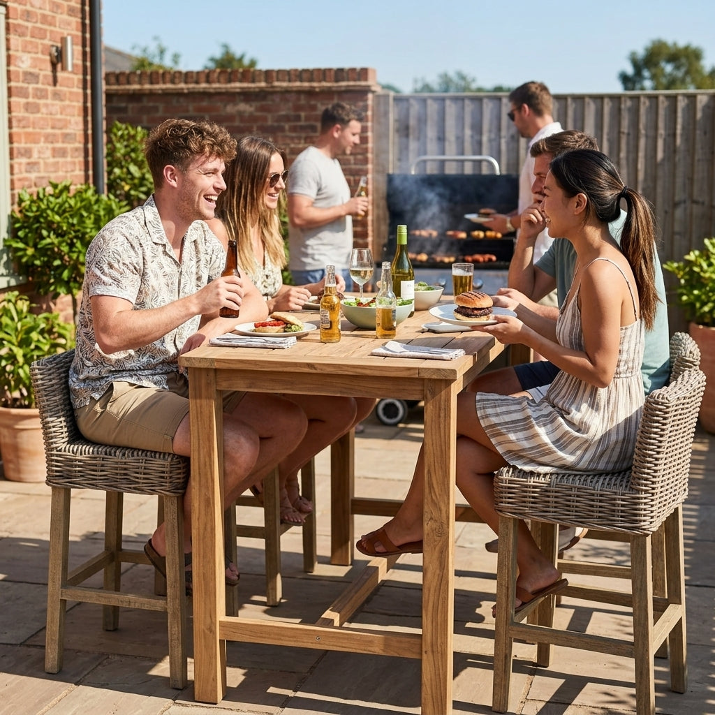 Group having a social dinner on the patio with wicker bar stools