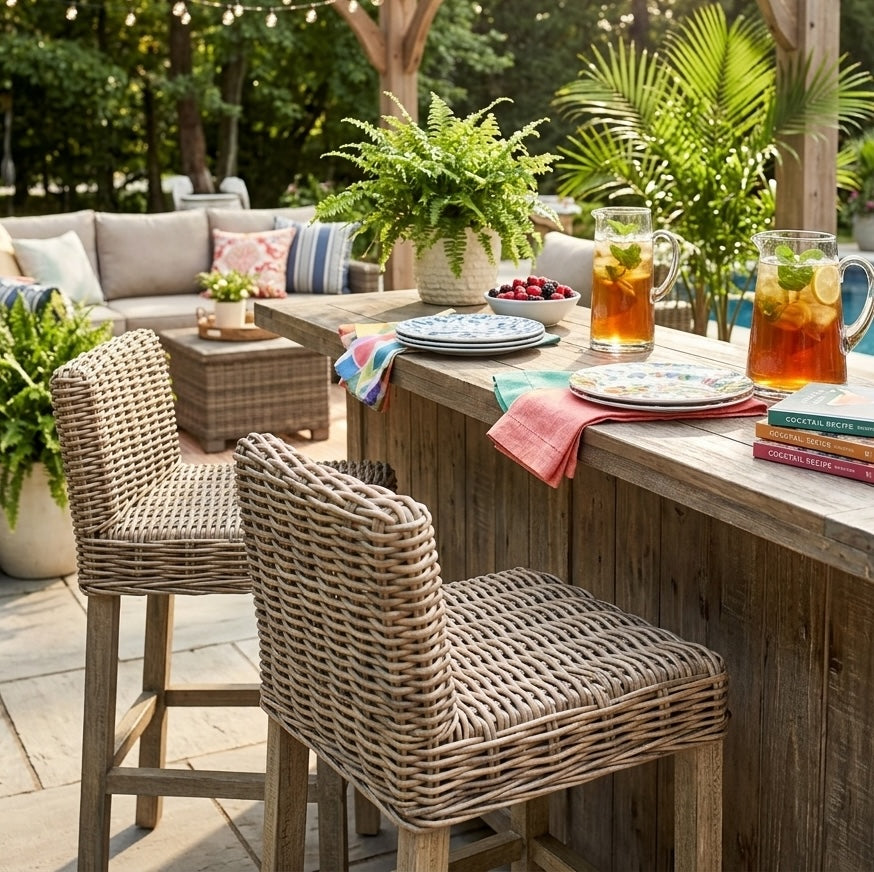 patio area with dinner table set with drinks and wicker bar stools