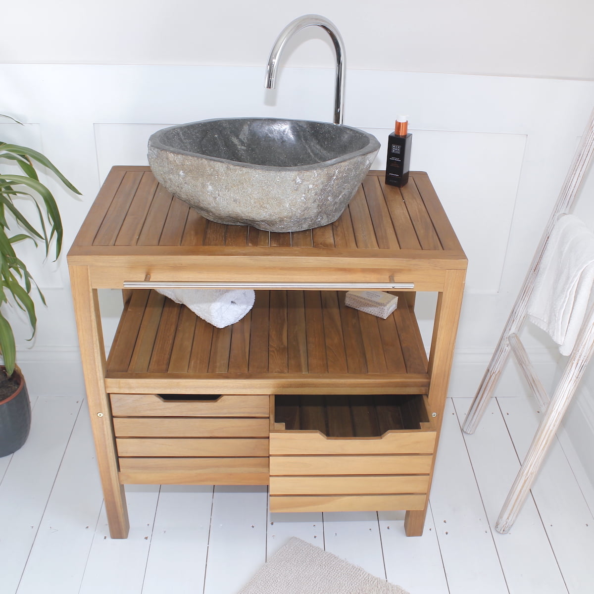 Bathroom Vanity Unit Teak Wood With Stone Sink