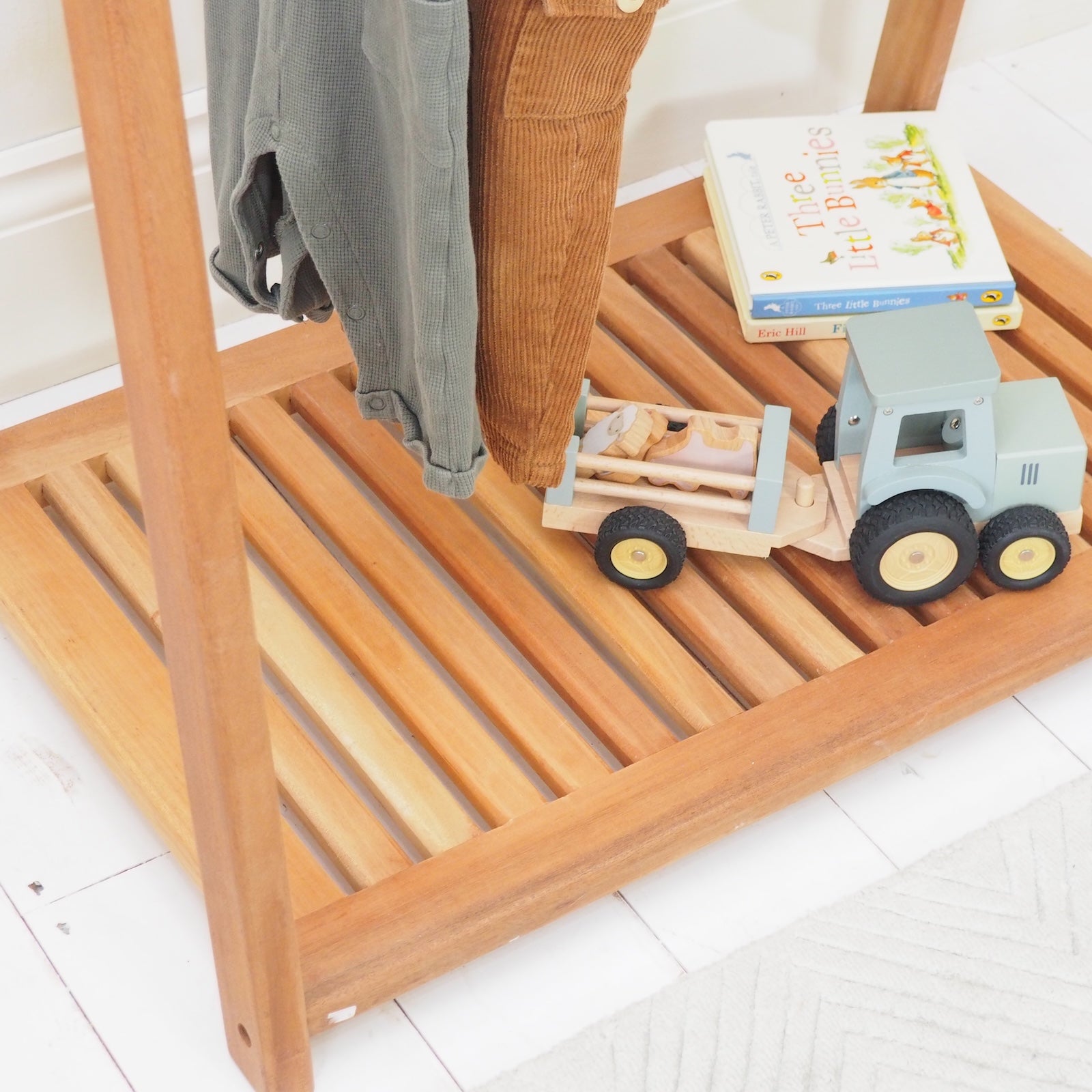 wooden shelf on storage rail children's