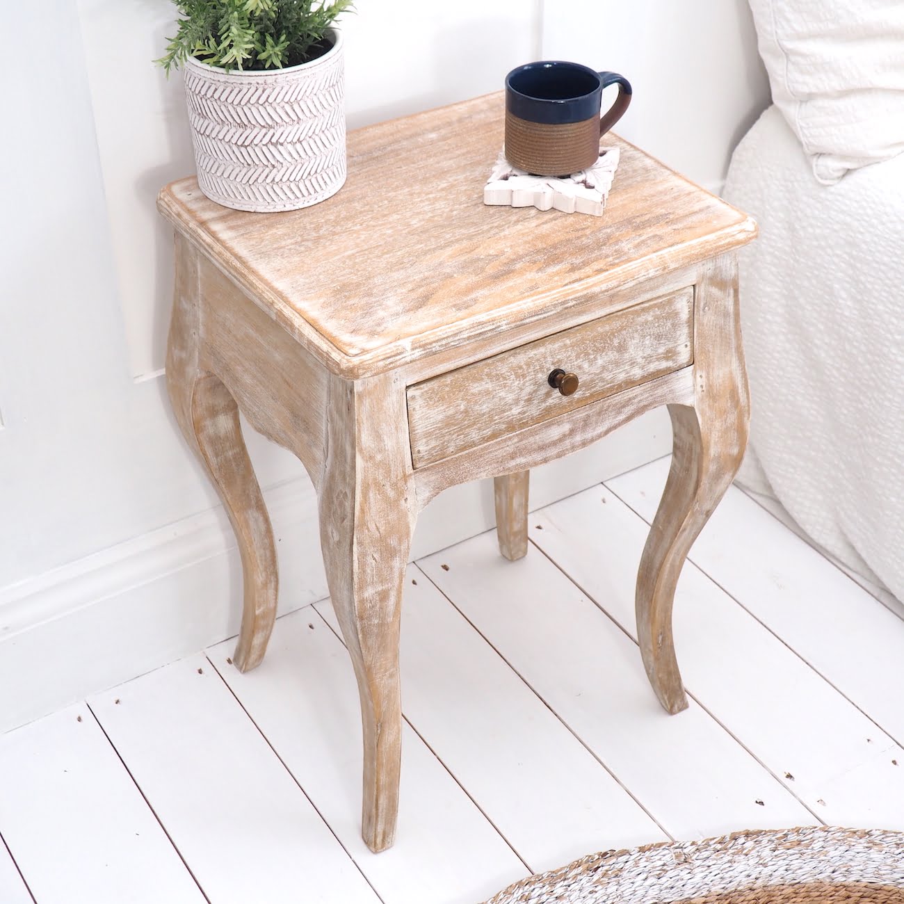Whitewash Bedside Table with Mug