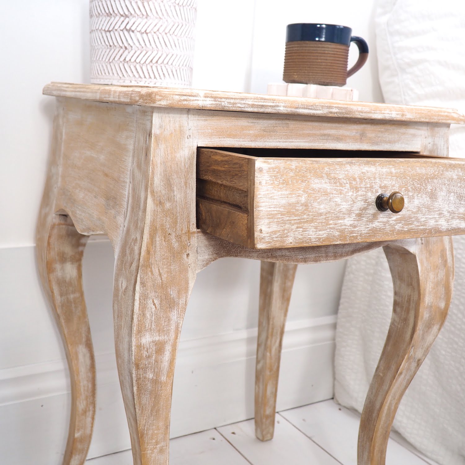 Whitewash Bedside Table with Open Drawer