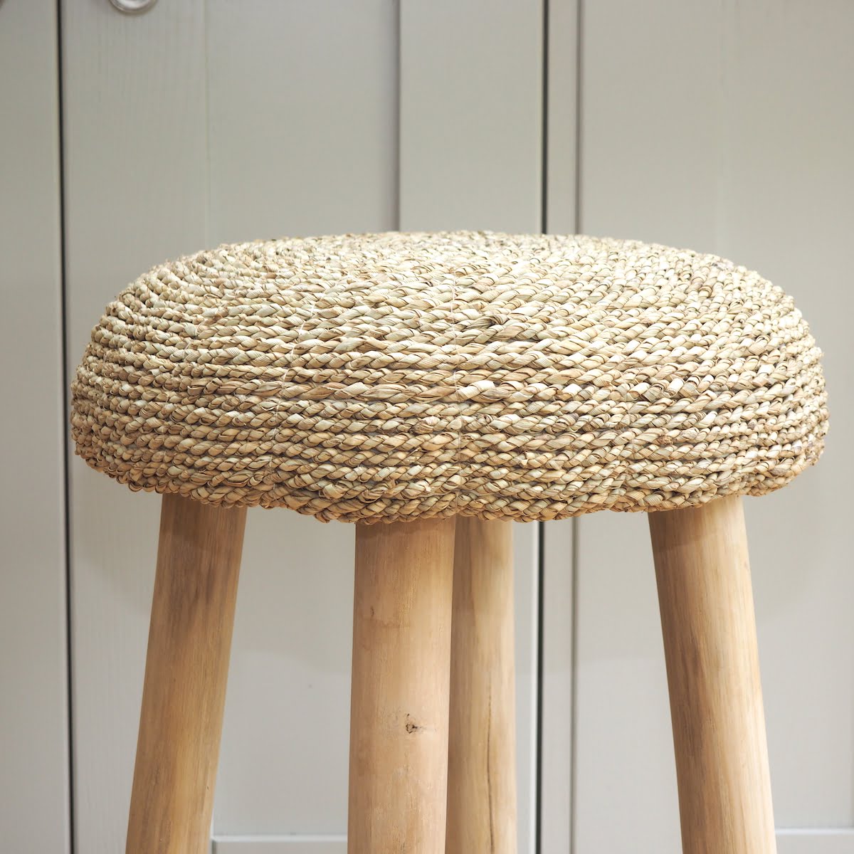 detailed shot of wicker breakfast bar chairs in seagrass weave