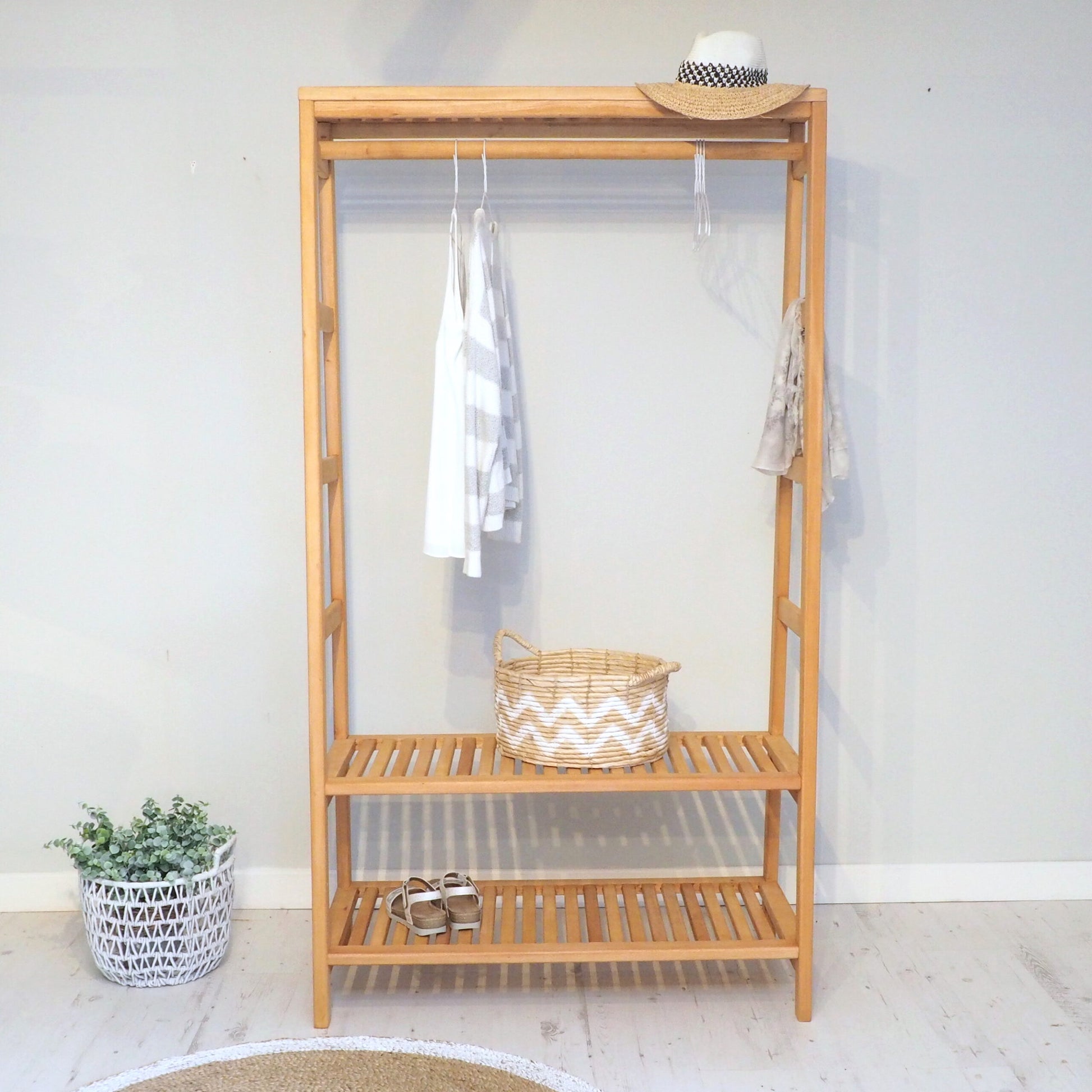 Scandinavian Lardge Wooden Clothes Rail with Clothes