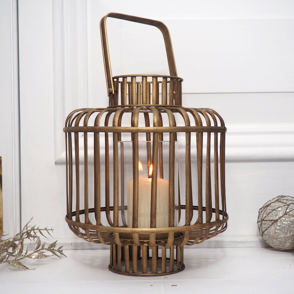 Large indoor hurricane lantern brass with glass