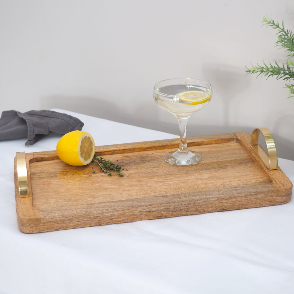 Natural Wood Serving Tray with Cooper Handles and Glass