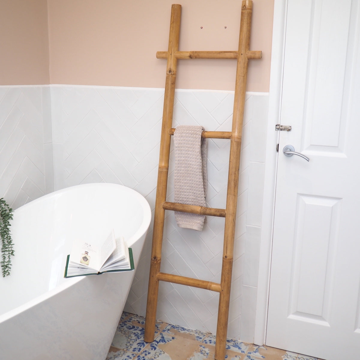 bamboo towel ladder in bathroom
