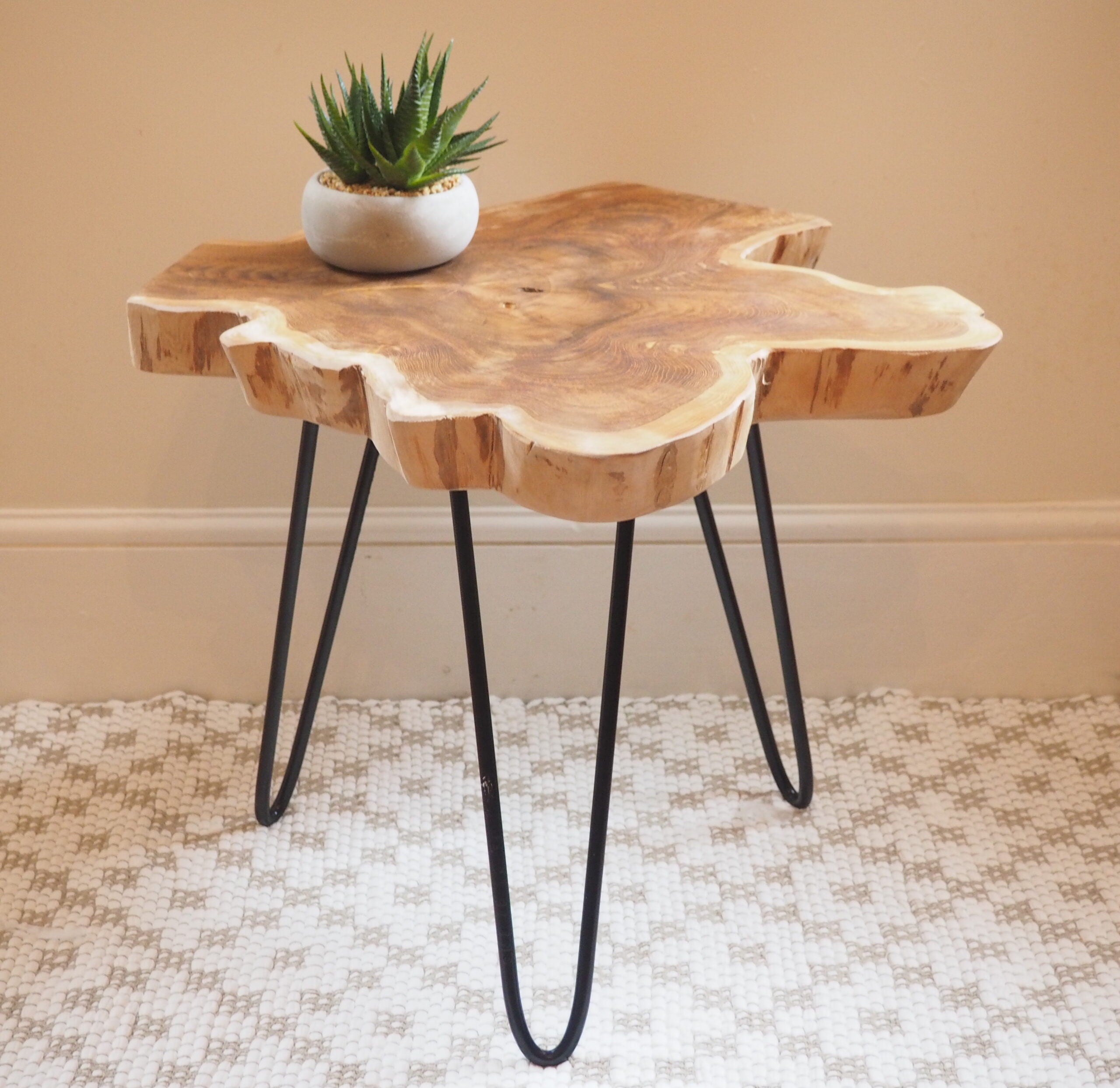 wood table tree trunk on hairpin legs