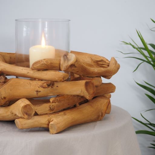 Large indoor rustic teak wood candle holder