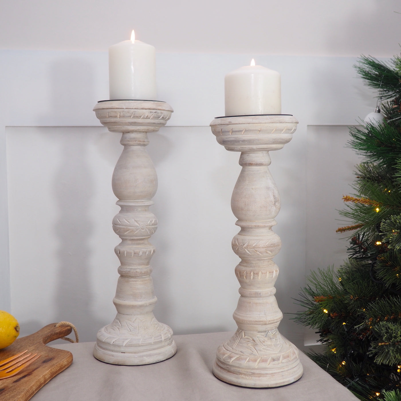 Large mango wood candle holders whitewash finish