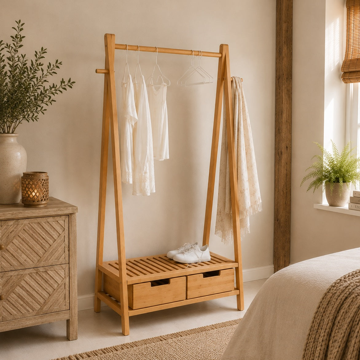 A light natural wood A-frame clothing rack with two drawers at the base, shown in a styled bedroom setting. Natural wooden sideboard and plants decorating the room.