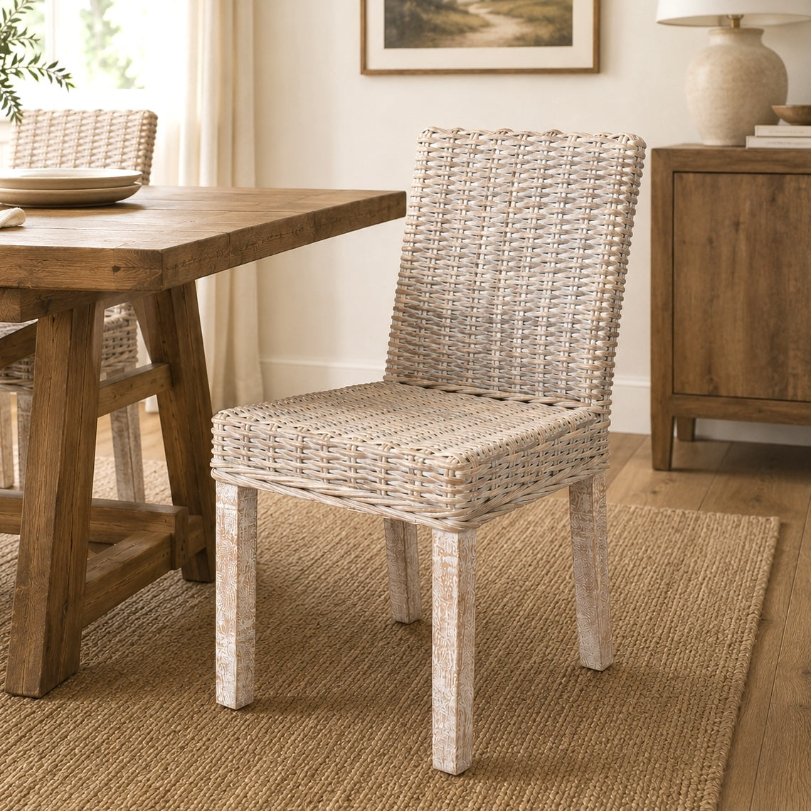 White wash wicker dining chair in a dining room next to a table