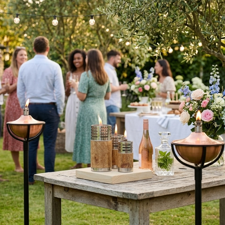 Outdoor garden event table setup with copper oil lamps, wooden candle holders, and floral arrangements, with party guests mingling in the background under string lights.