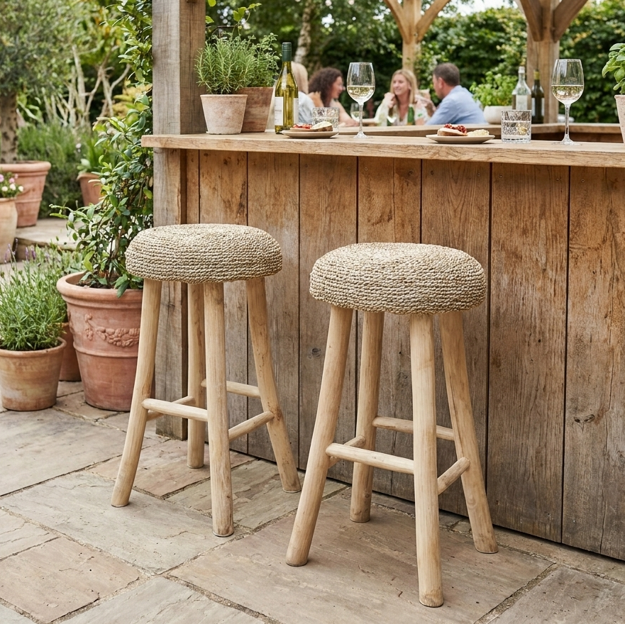 wicker bar stools at garden bar with people drinking in background