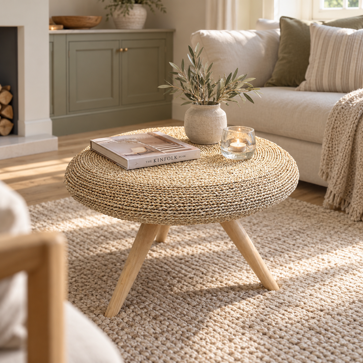 round woven coffee table in seagrass with a wool rug in a neutral living room