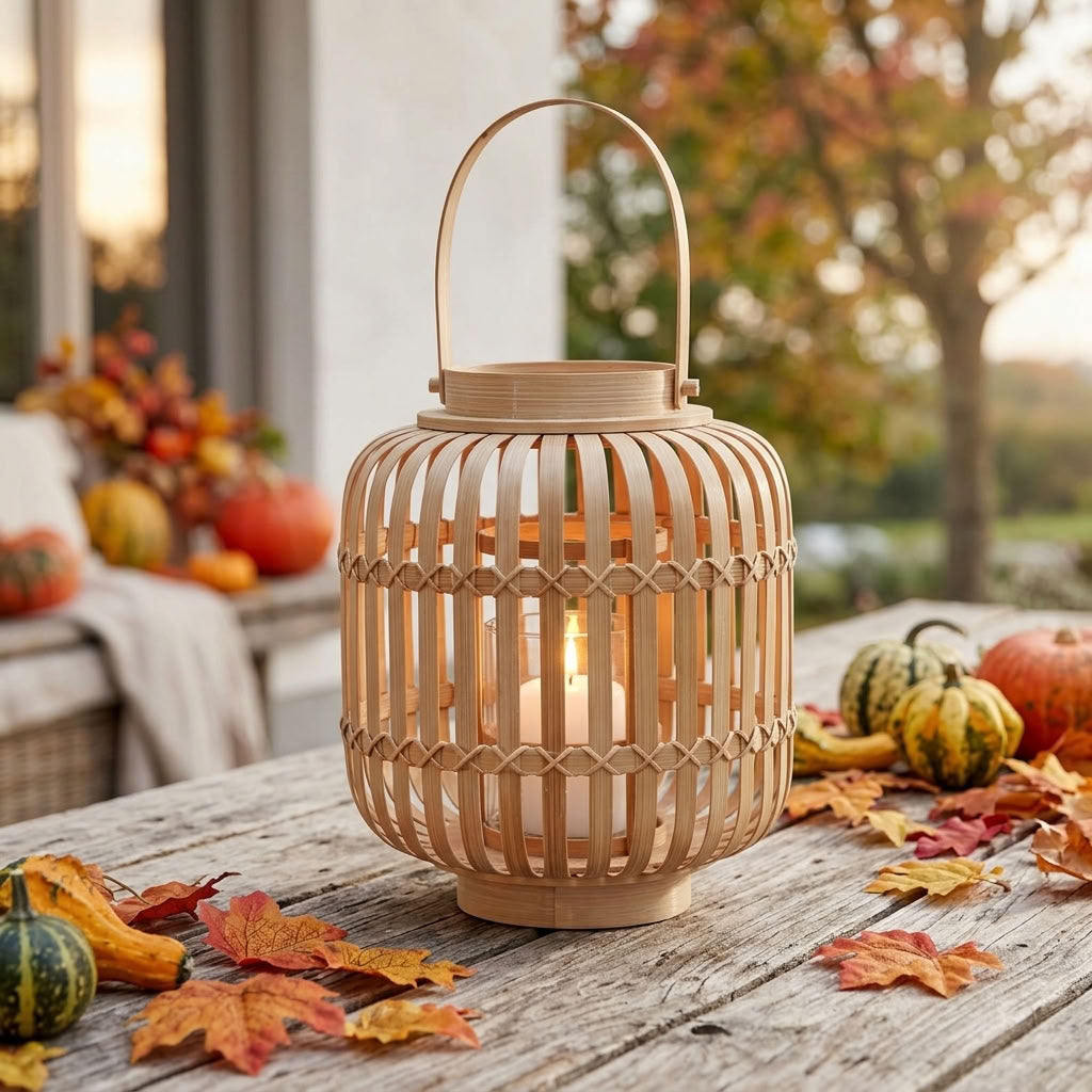 A bamboo lantern candle holder sits on a rustic wooden table outdoors, surrounded by autumn leaves, and pumpkins. A warm candlelight glows through the open bamboo slats.