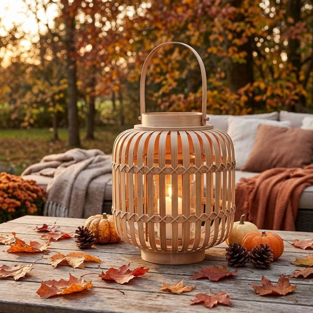 A bamboo candle lantern with a warm glowing candle inside sits on a rustic wooden table outdoors. The scene is decorated with autumn leaves, small pumpkins, and pinecones, with a cozy patio sofa and trees in the background.