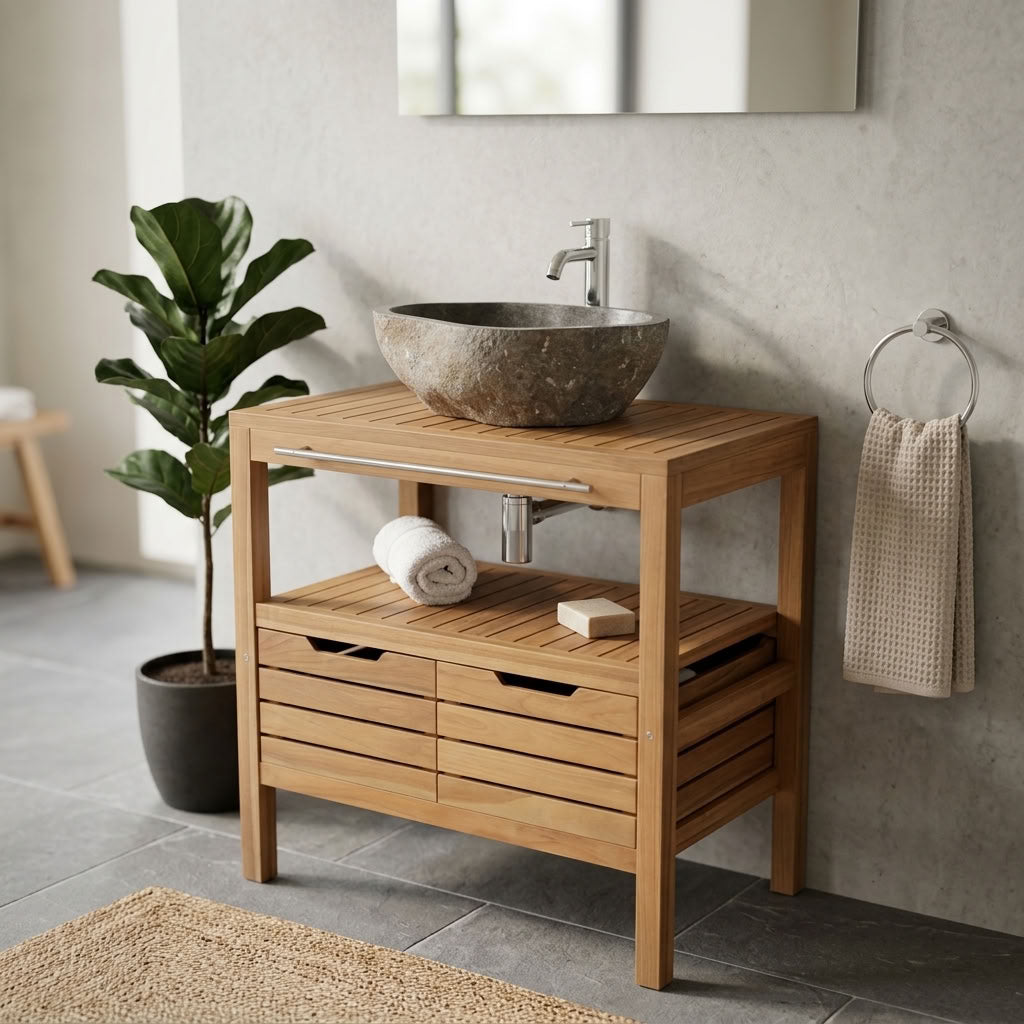 a teak wood bathroom vanity unit on tiled floors with a moroccan style wall and plant
