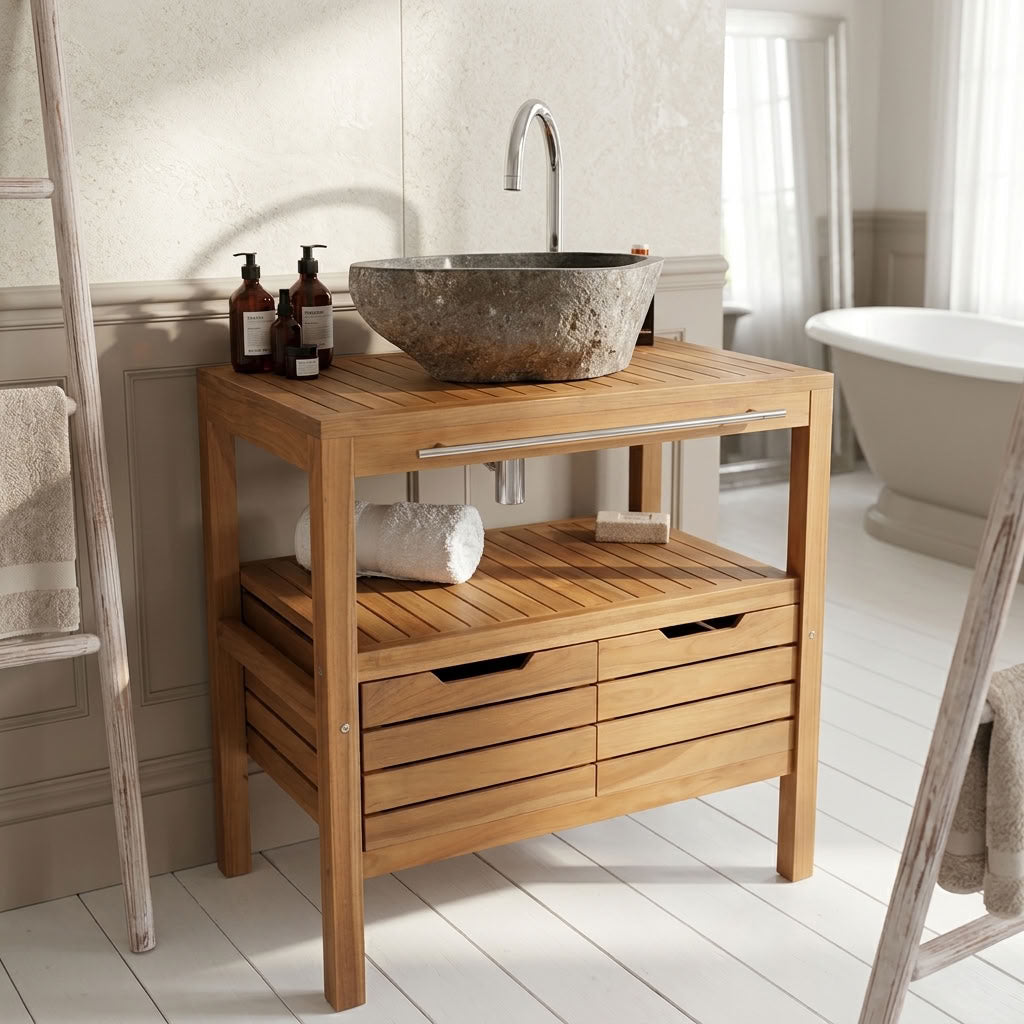 A wooden bathroom vanity cabinet with a stone vessel sink and wooden drawers. In a bright bathroom setting with a freestanding bathtub, towels, and toiletries.