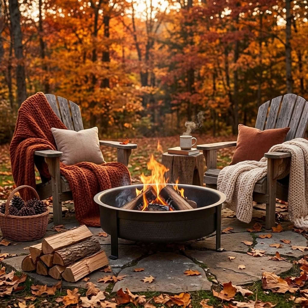 Outdoor fire pit black with logs burning in the center, two wooden Adirondack chairs with cozy knit throws and pillows, set on a stone patio surrounded by autumn foliage.