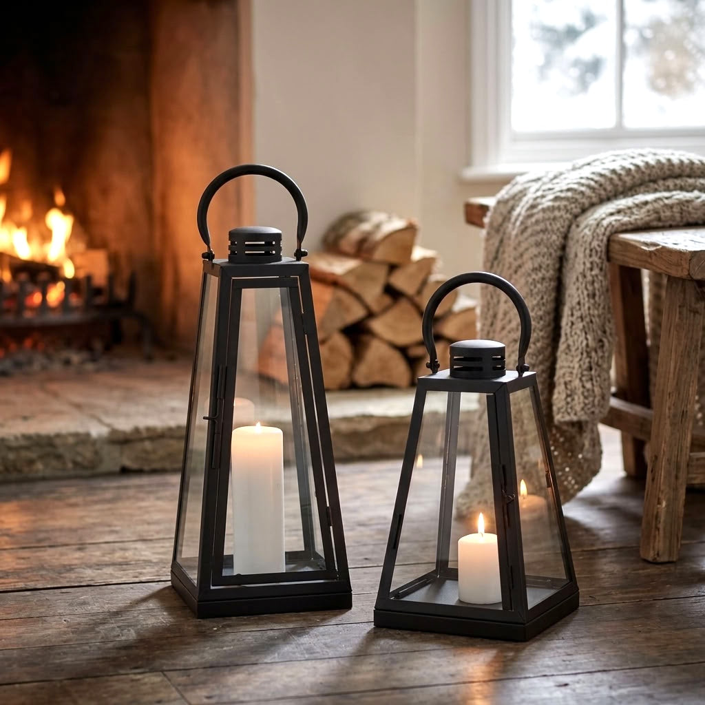 Two black metal lanterns with lit candles, placed on a rustic wooden floor in a cozy room with a fireplace and stacked firewood.
