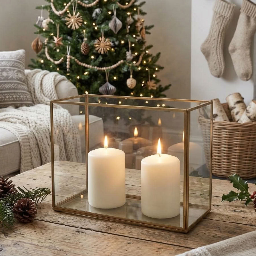 A rectangular glass terrarium-style candle holder with a gold frame sits on a rustic wooden table in a cosy  festive living room. 