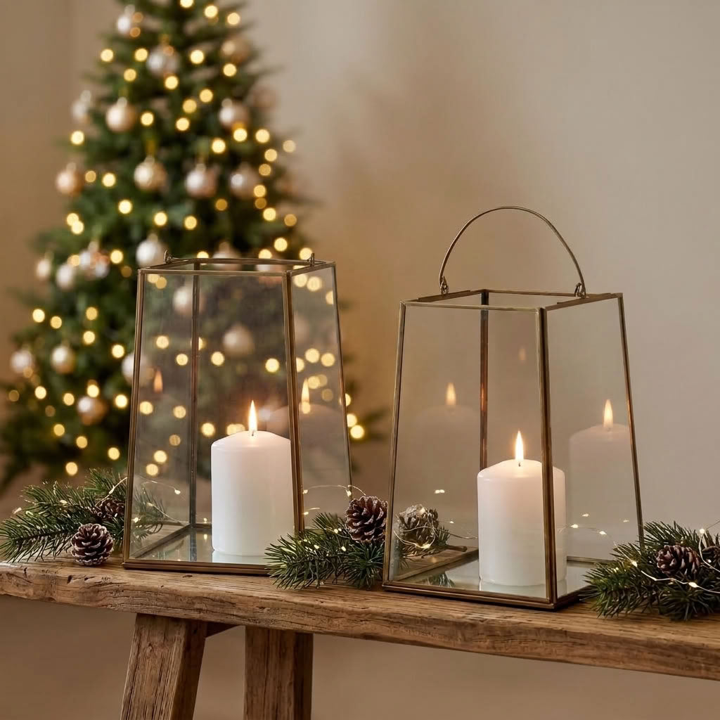 Two glass lantern candle holders with metal frames sit on a rustic wooden table, each holding a lit white pillar candle. Pine branches, pinecones, and a decorated Christmas tree appear in the background against a warm beige wall.
