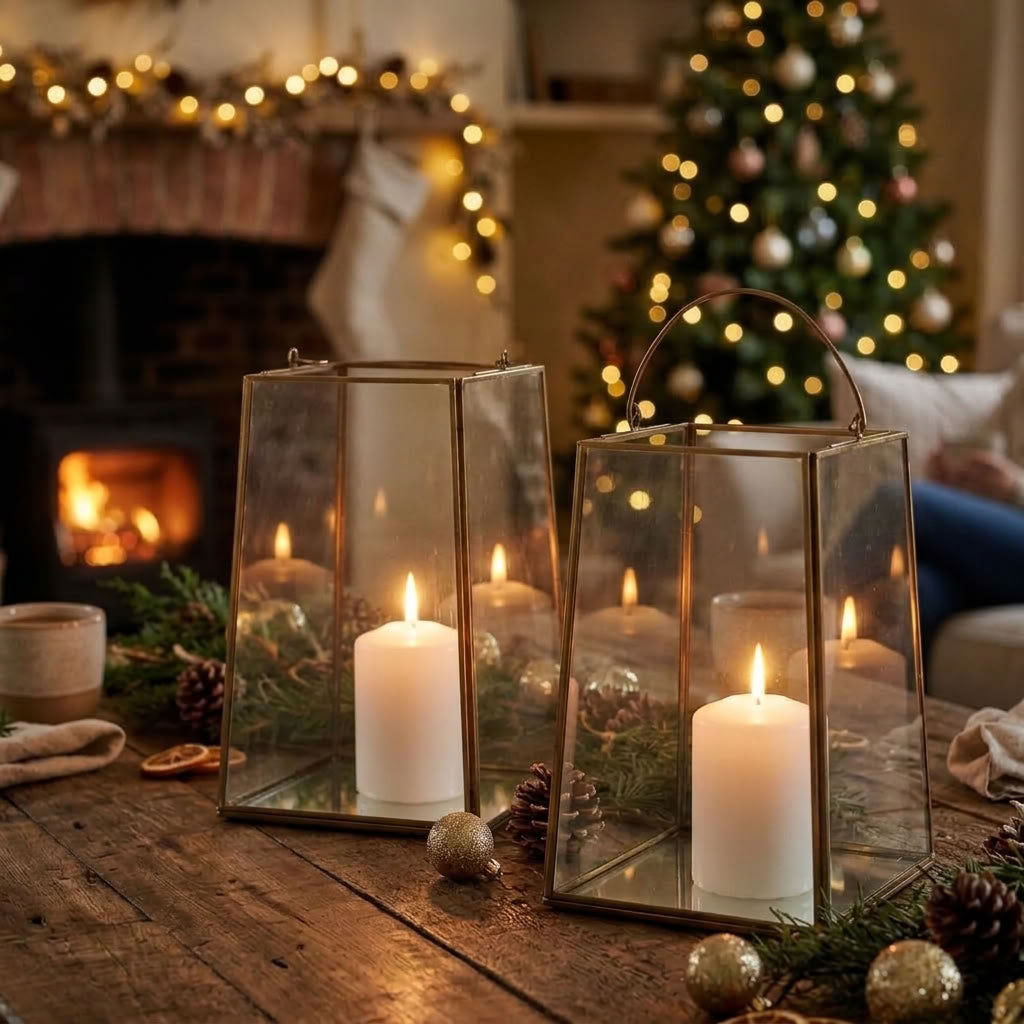 Two brass metal lanterns sit on a rustic wooden coffee table, surrounded by pinecones, evergreen branches, and gold ornaments, with a cosy fireplace and decorated Christmas tree in the background.