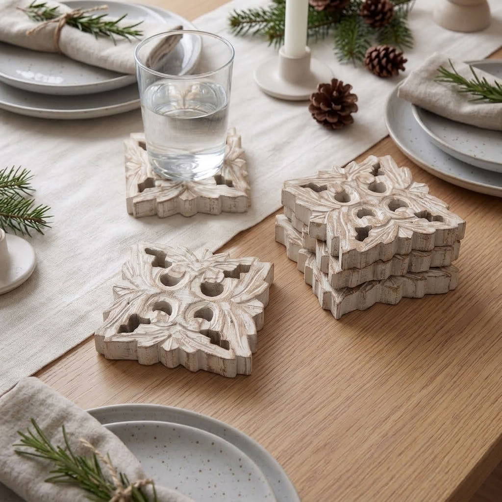 Snowflake Hand Carved Natural Wood Coasters set of 4