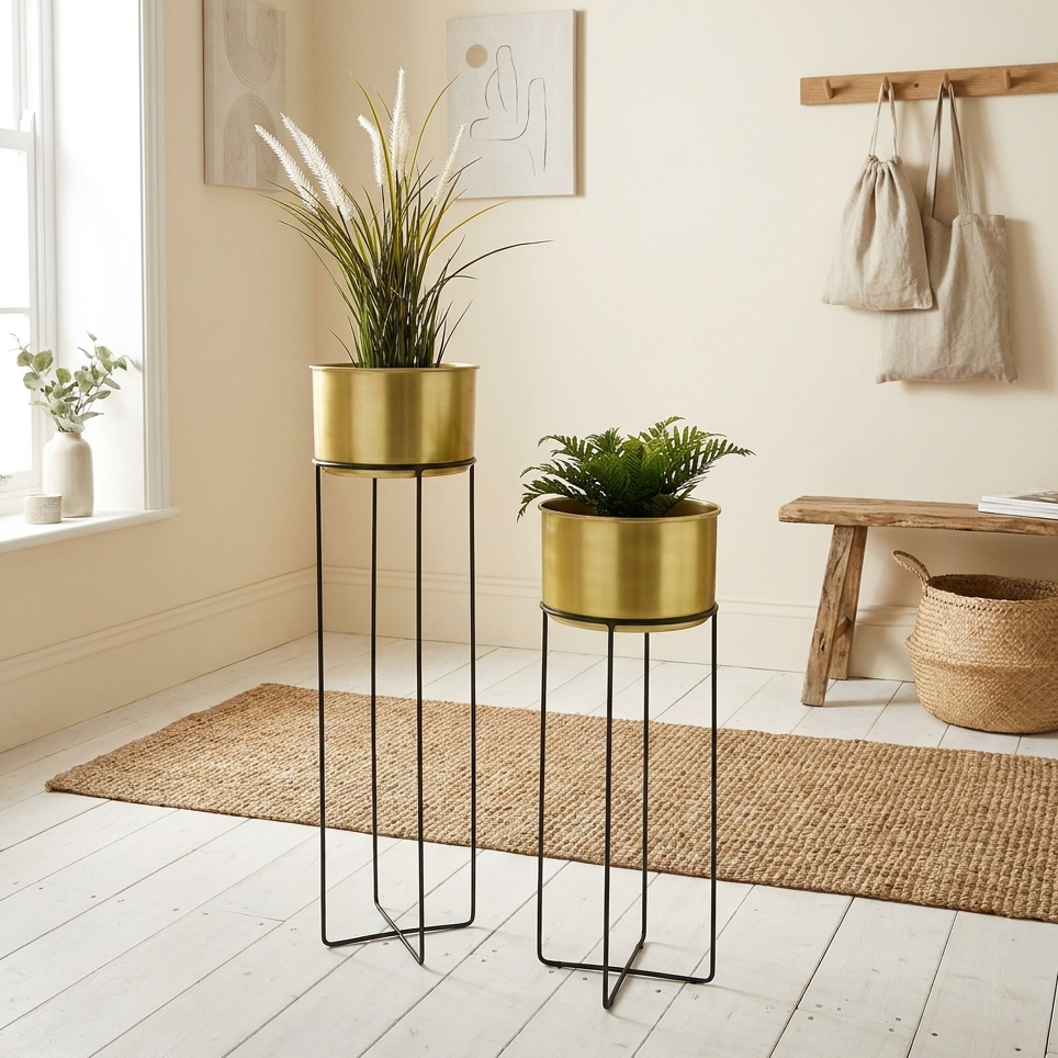 metal plant stands in hallway with white wood floors