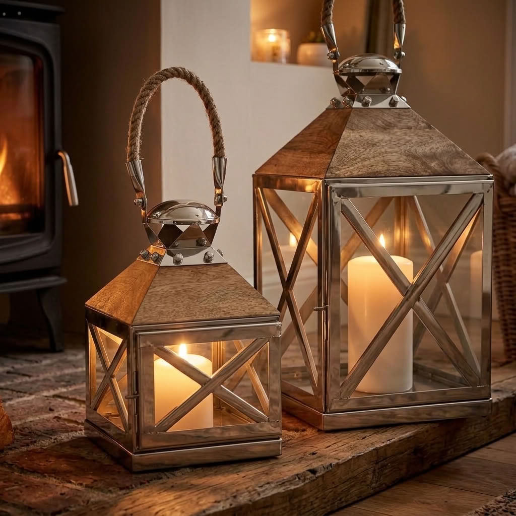 Two decorative metal lanterns with rope handles and lit candles, displayed infront of the log burner on a stone harth.