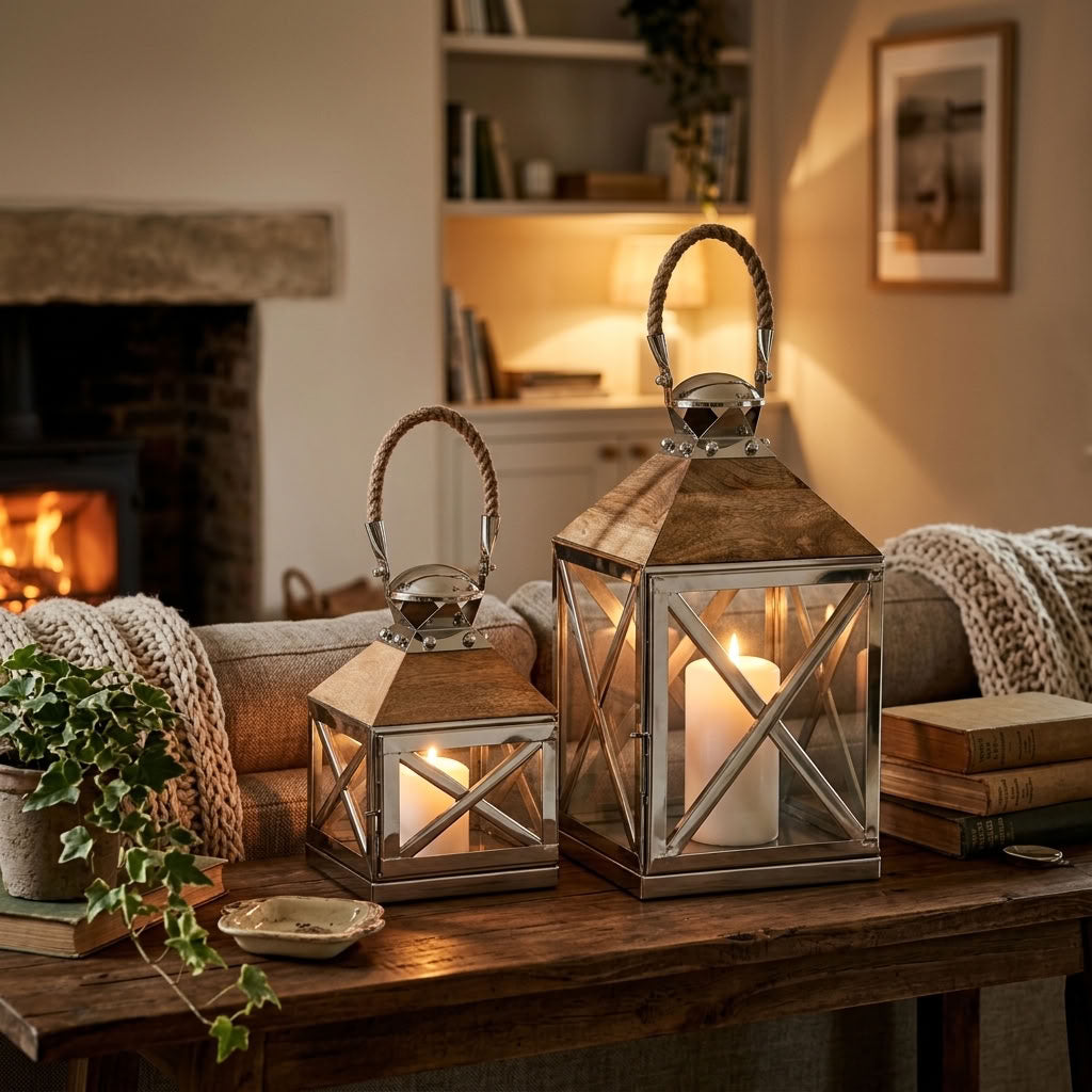 cosy winter living room with two large metal candle lanterns at the forefront with candles lit.