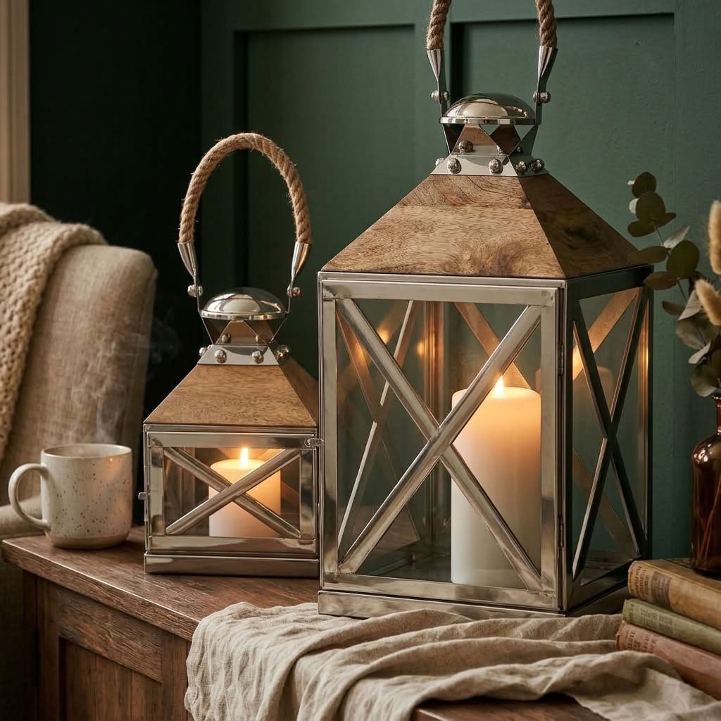 Two rustic metal lanterns with rope handles in a cozy room setting. Soft linen and mug with tea.