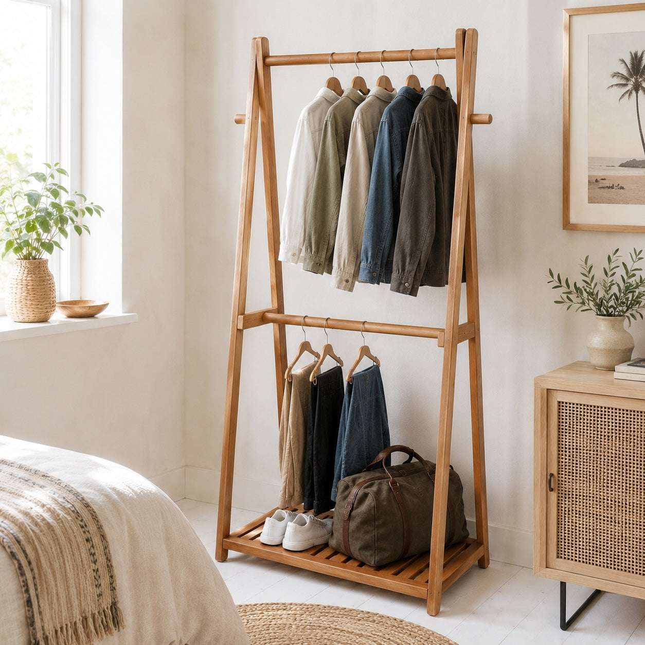 A tall wooden A-frame clothing rack with two hanging bars and a slatted shelf, shown in a bright bedroom setting with clothes and a bag on it.
