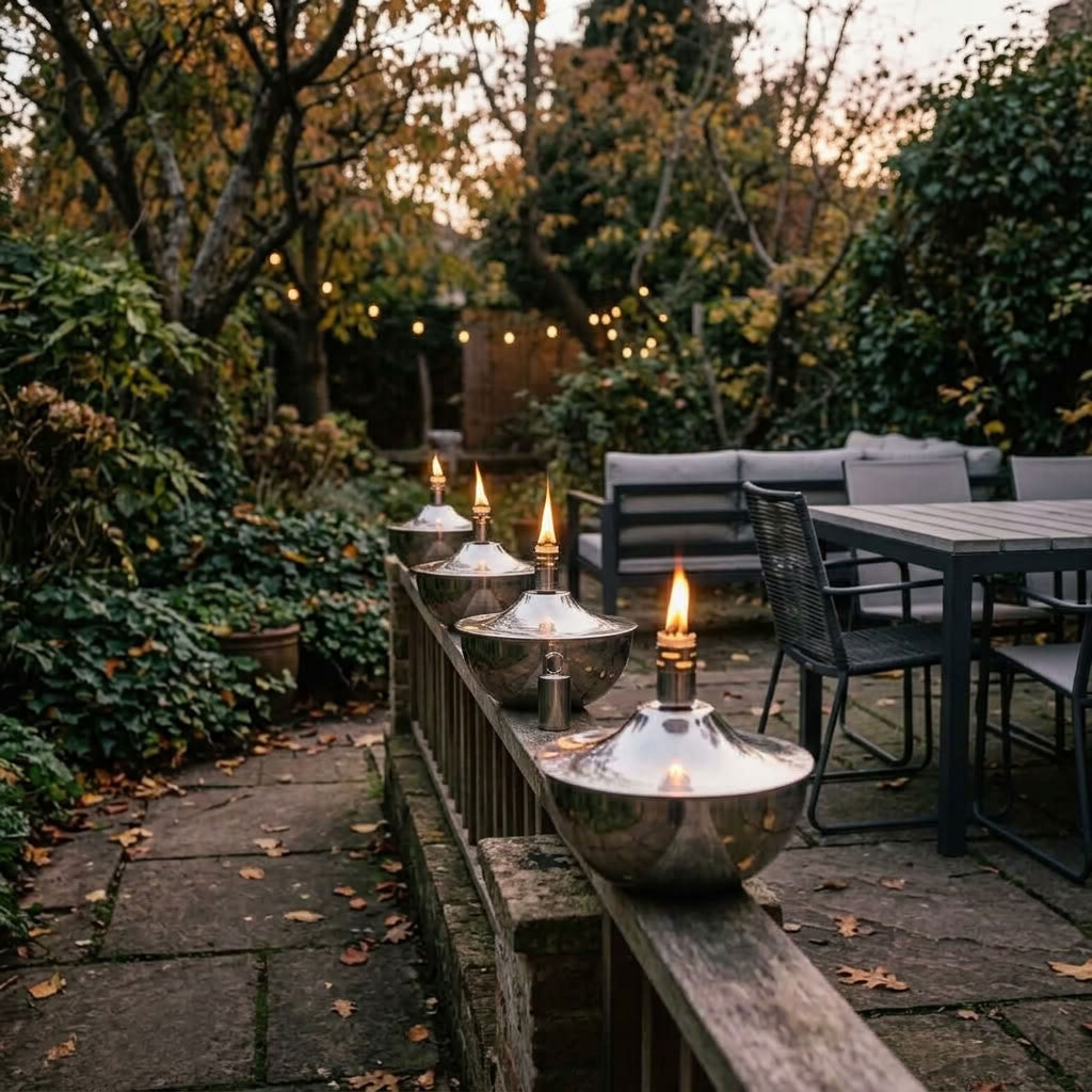 A row of silver metal tiki torch lanterns with lit flames are lined up on a wooden railing in an outdoor garden patio setting with a dining table and chairs in the background.