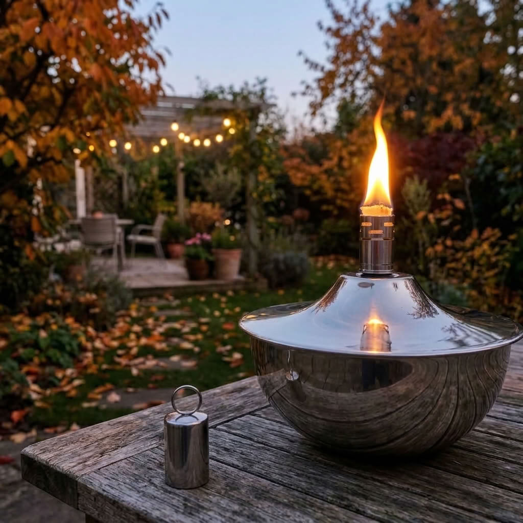 A polished stainless steel oil lamp with a lit flame sits on a weathered wooden table in a garden patio setting at dusk, with a small matching metal cap placed beside it.