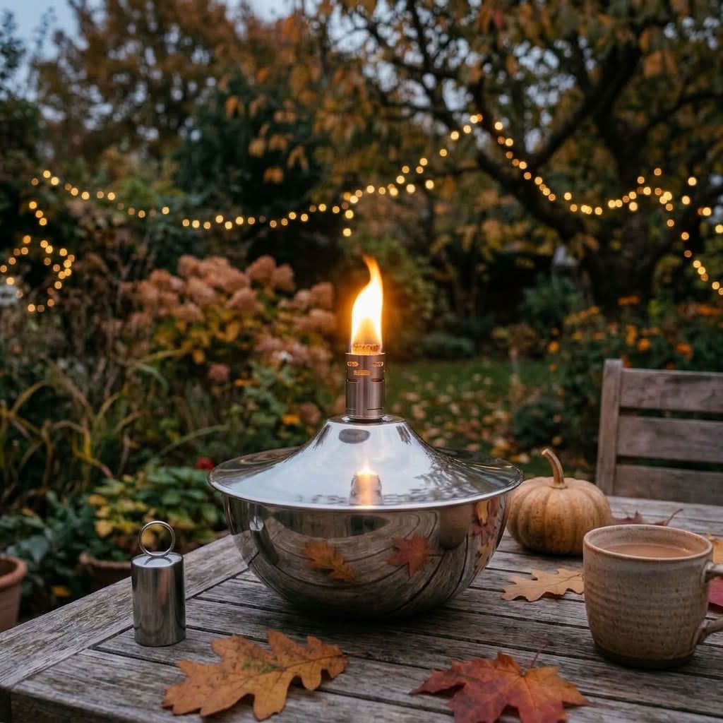 Live flame chrome and stainless steel oil lamp with a smooth finish on a rustic wood table  in an eveneing garden setting with fairy lights in the background