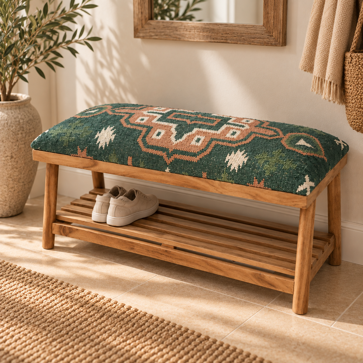A wooden hallway bench with a shelf, and a patterned kilim green and beige seat, styled in a home entryway with shoes on the slatted shelf.