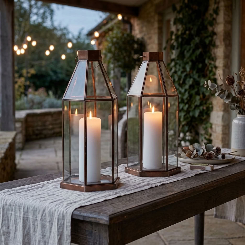 hexaganol brass lantern in alfresco setting with fairy lights in background