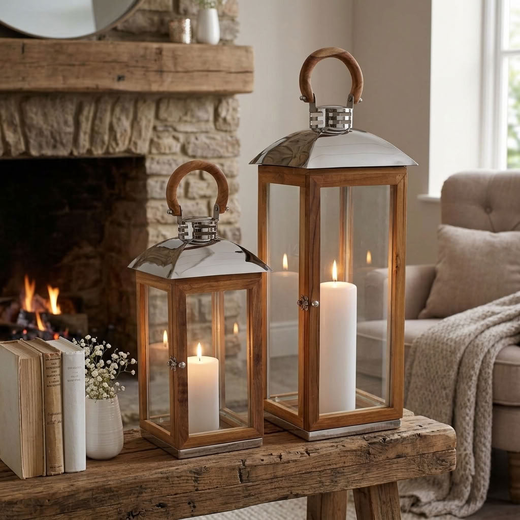 Two wooden candle lanterns are displayed on a rustic wooden table in a cozy living room setting with a fireplace, candles, books, and a sofa in the background.