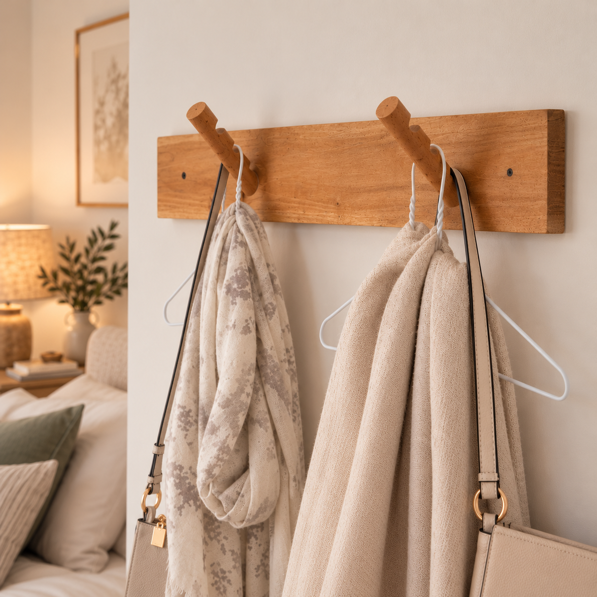wooden clothes hook on wall with scarf and bags hanging off it, in a bedroom setting
