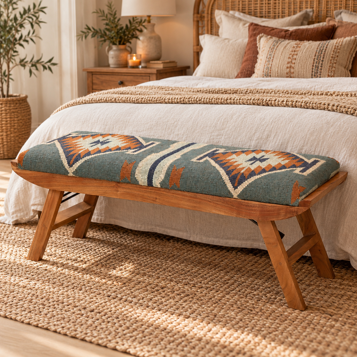 A woven wooden bench at the end of a bed, with a uphoulstered patterned seatin blue, orange and cream