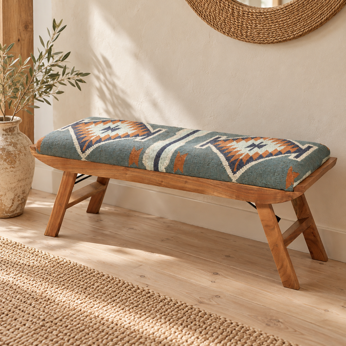 Kilim Wooden Hallway Bench - Dusty Blue