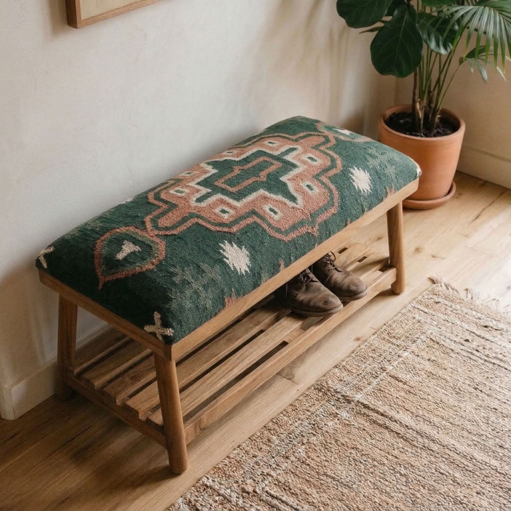 Upholstered Wooden Storage Bench  – Forest Green